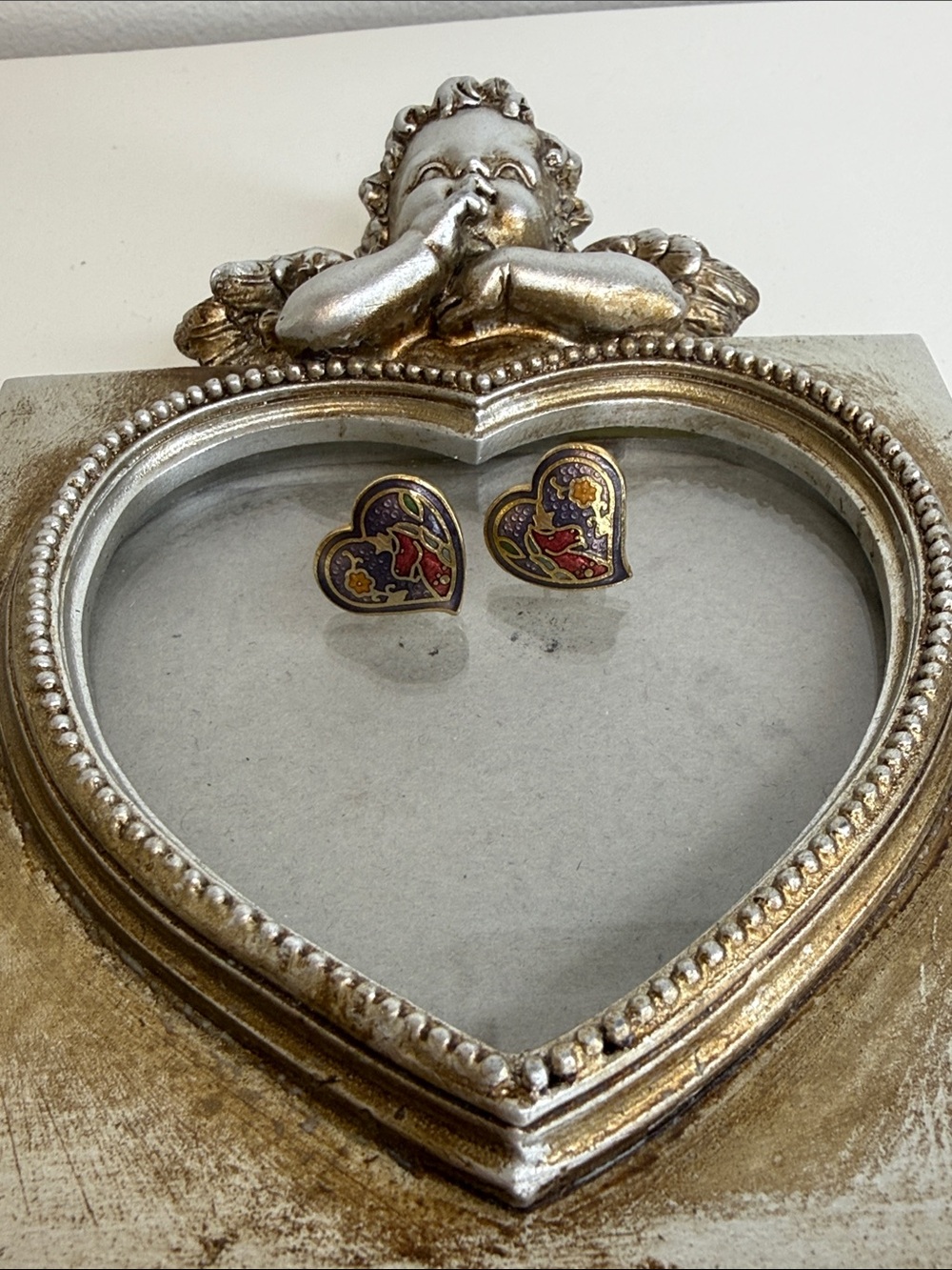 Vintage 1980s Cloisonné Enamel Heart Stud Earrings Purple Unicorn Floral
